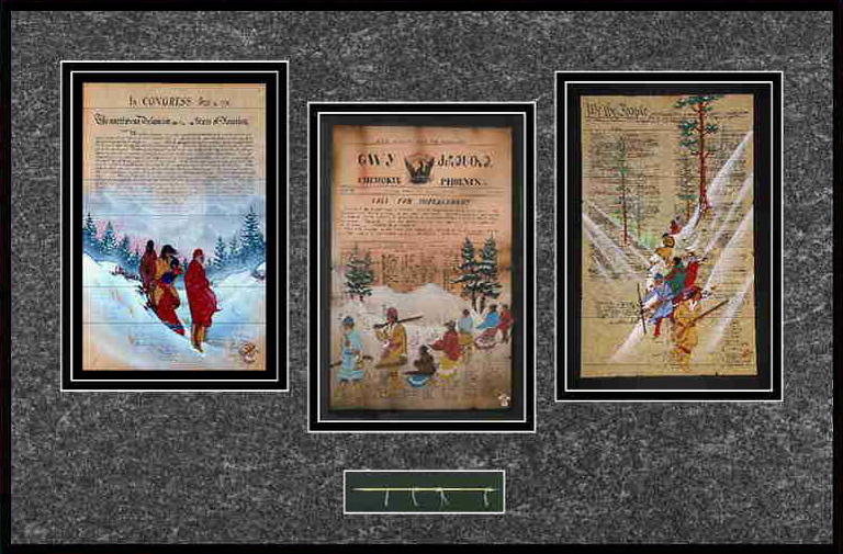 First Americans - (Left) Created Equal - “We hold these truths to be self-evident, that all men are created equal.” Declaration of Independence; (Middle) Call for Impeachment - The Cherokee People were illegally removed from their homes, imprisoned, possessions confiscated, and forced on a winter journey of death to distant lands in the West.  Thousands of souls perished on this “Trail of Tear”… and their souls call out for justice….IMPEACH JACKSON!; (Right) We The People - When delegates of the newly independent American Colonies met in Philadelphia in 1787 to write a constitution, they took inspiration from many sources, including the Native Americans.